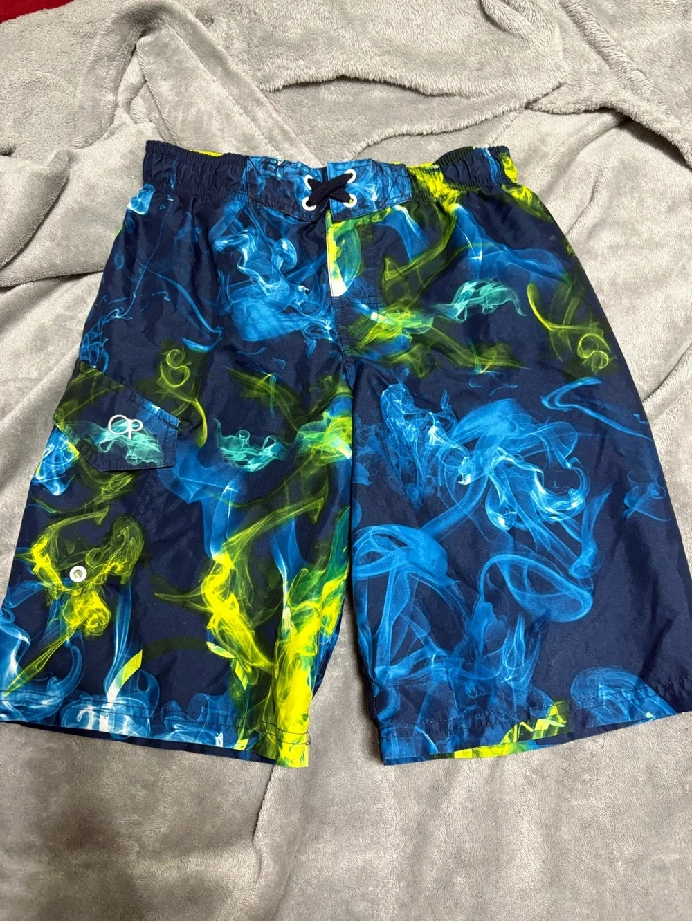 OP Men's Navy Swim Trunks with Blue & Neon Green Smoke Print